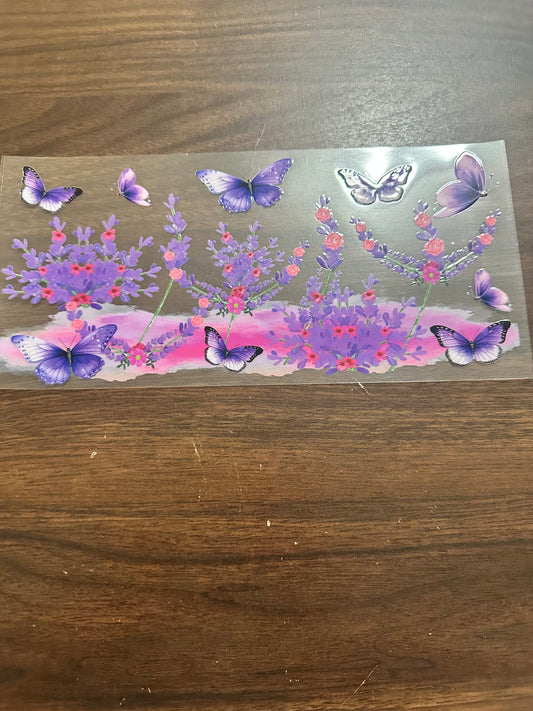 Pink and purple flowers and butterflies